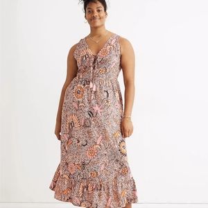 Madewell Bali Blooms Lace-Up Ruffle Hem Midi Dress Size 14